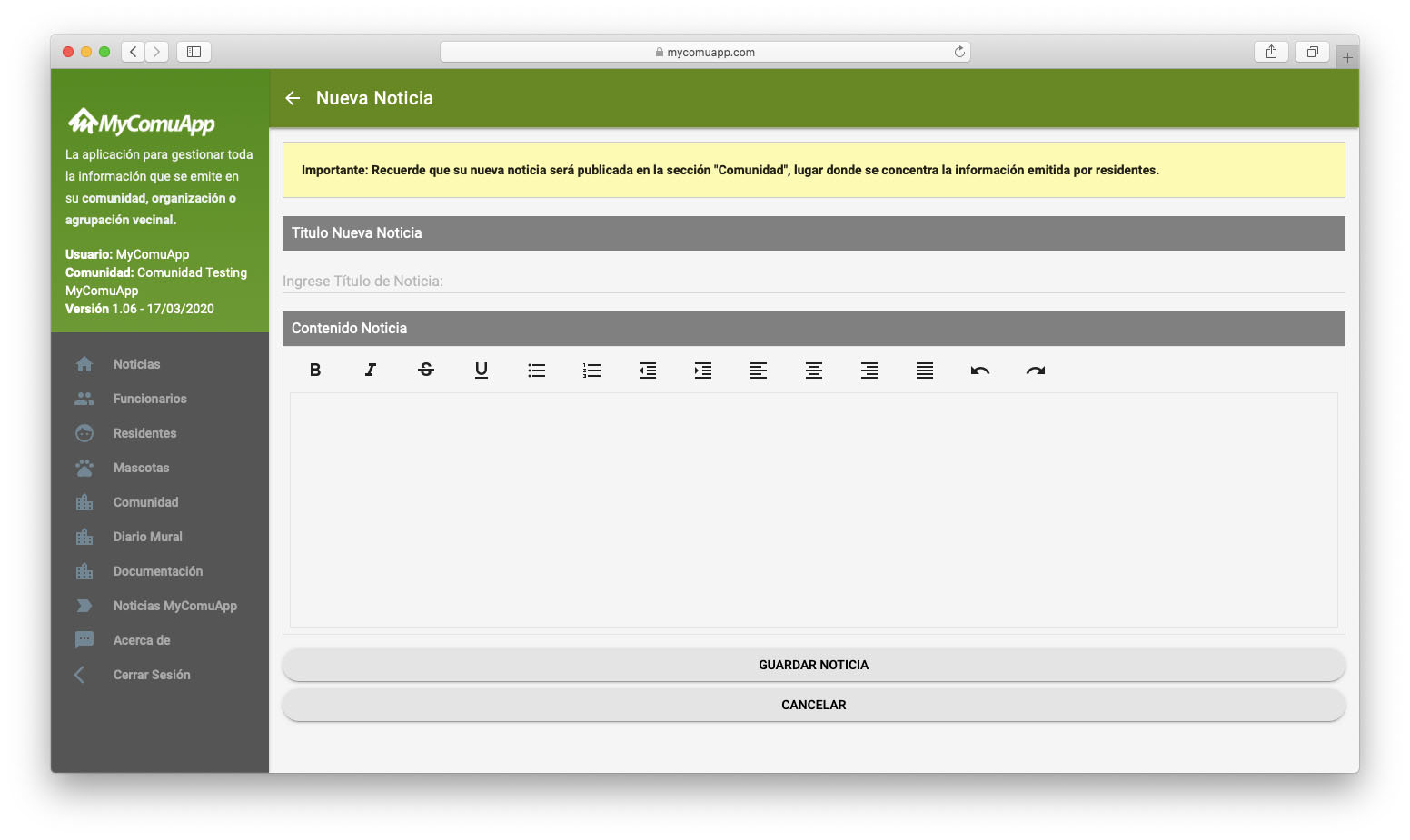 Formulario de creación de Nueva Noticia.